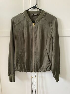 H&M Women's Satin Olive Green Bomber Jacket with Pockets